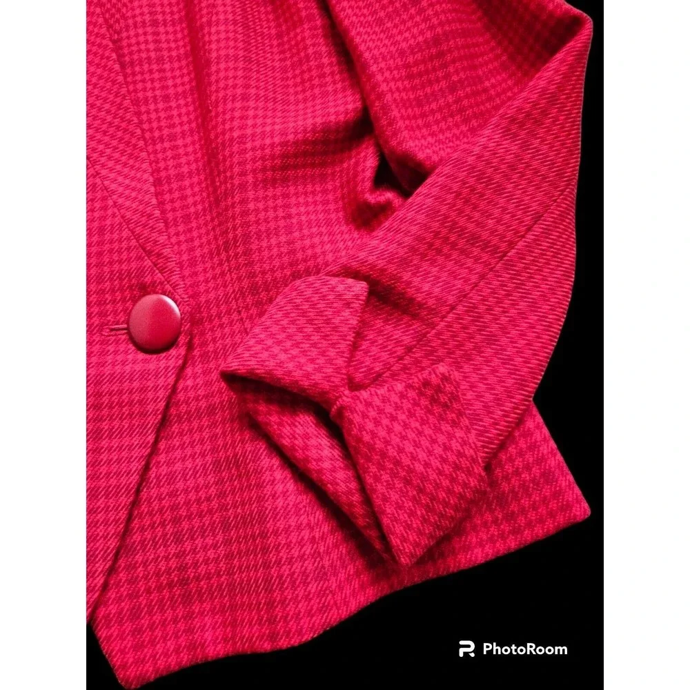 Christian Dior Vintage Houndstooth Red Plaid Pure Wool Skirt Suit Set Size 8